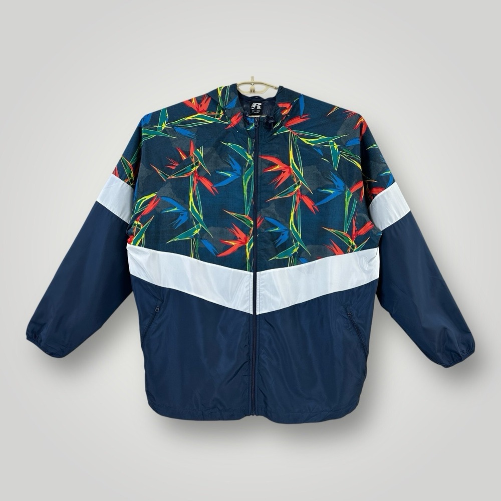 Russell Windbreaker Jacket Mens 3XL Hooded Lined Blue Tropical Bird-of-Paradise